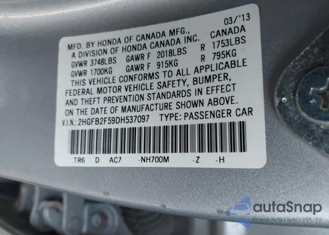 2013 Honda Civic Lx from USA, damaged, VIN 2HGFB2F59DH537097